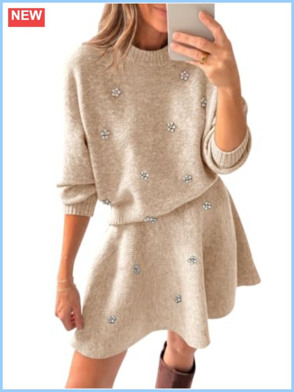 Women's 2 Piece Knit Sweater Skirt Set Long Sleeve Rhinestone Mini
